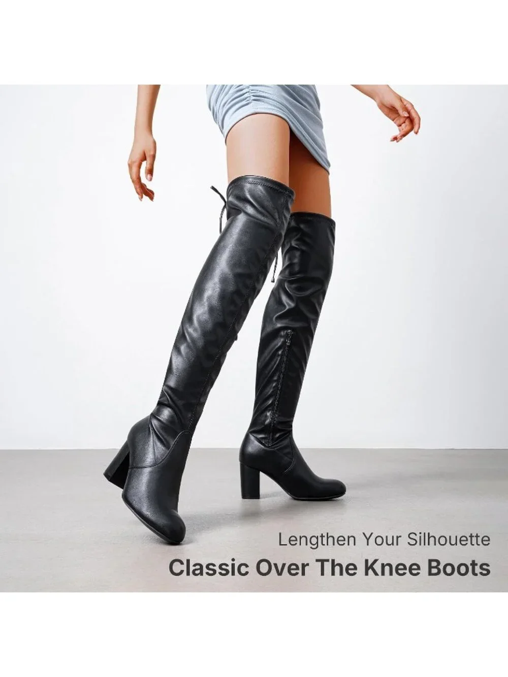 Women's Black Pu Chunky Heel Round Toe Side Zipper Over The Knee Thigh High Boot